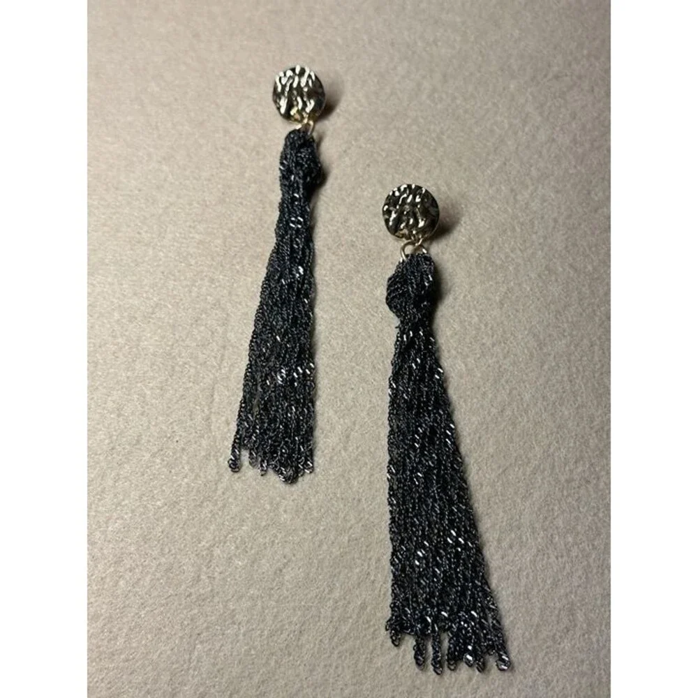 ESPRIT Gold Hammered Disc Stud Black Tassel Drop Earrings Boho New Pair